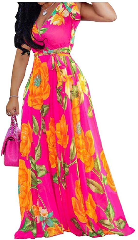 lvenzse Chiffon Maxi Plus Size Tropical Dresses For Women