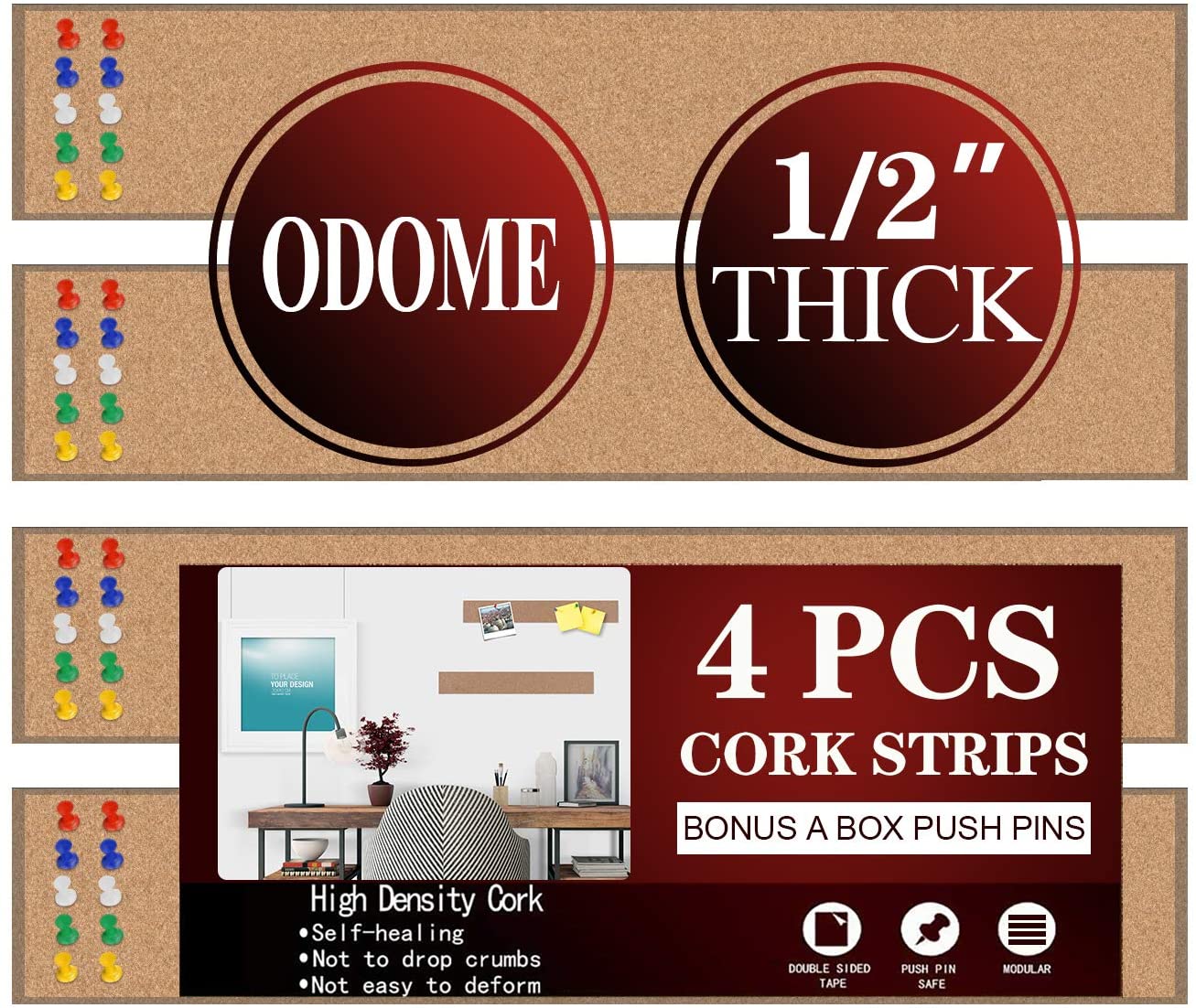 ODOME High-Density Adhesive Cork Board Strips With Pushpins, 4-Piece