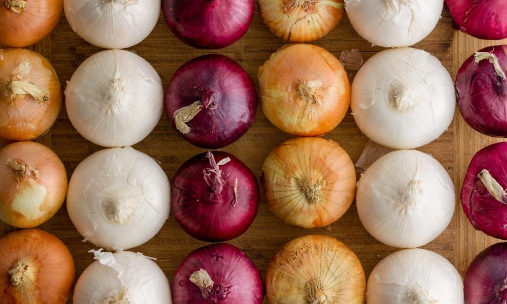 Red, white and yellow onions on counter