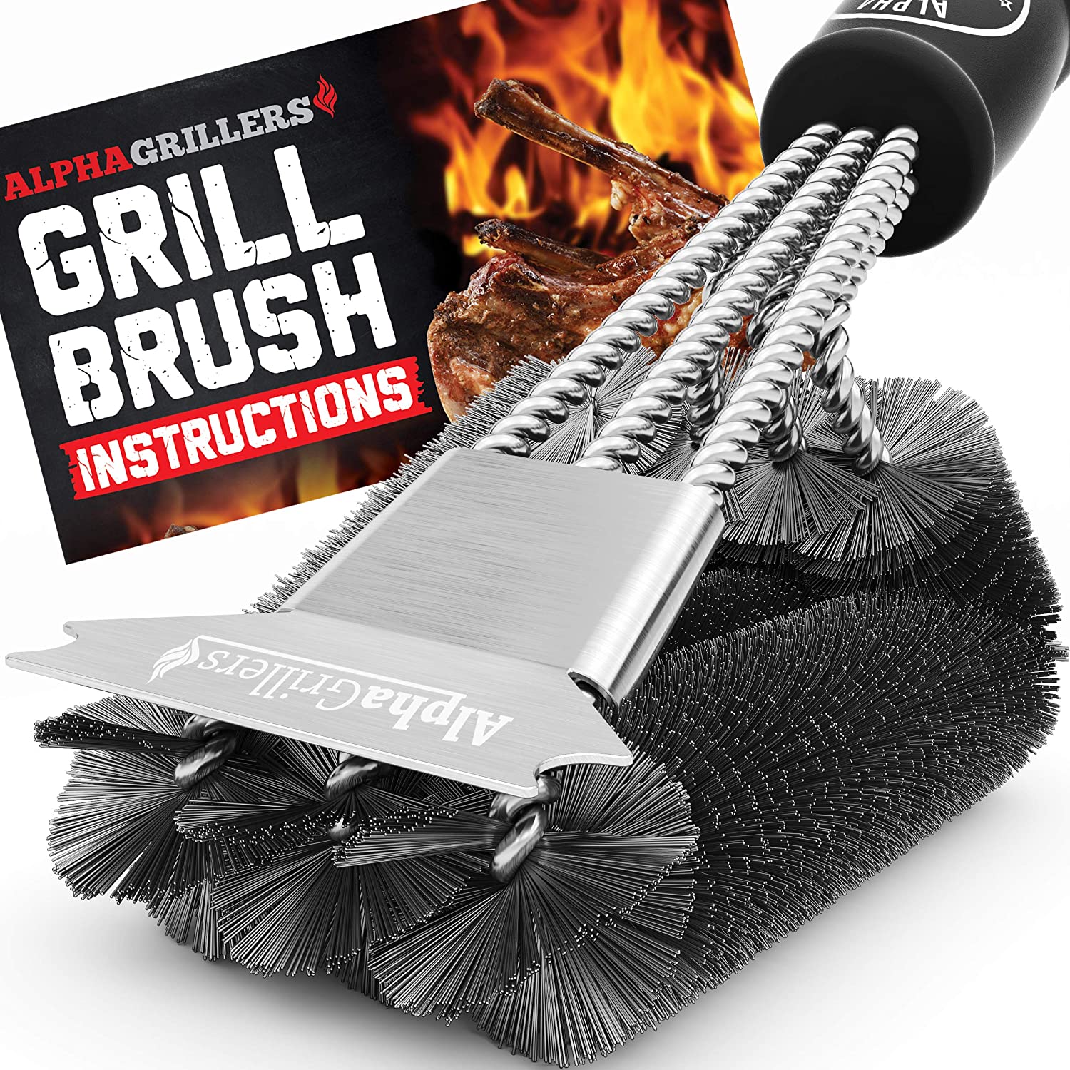 Alpha Grillers Triple Head Brush & Built-In Grill Scraper