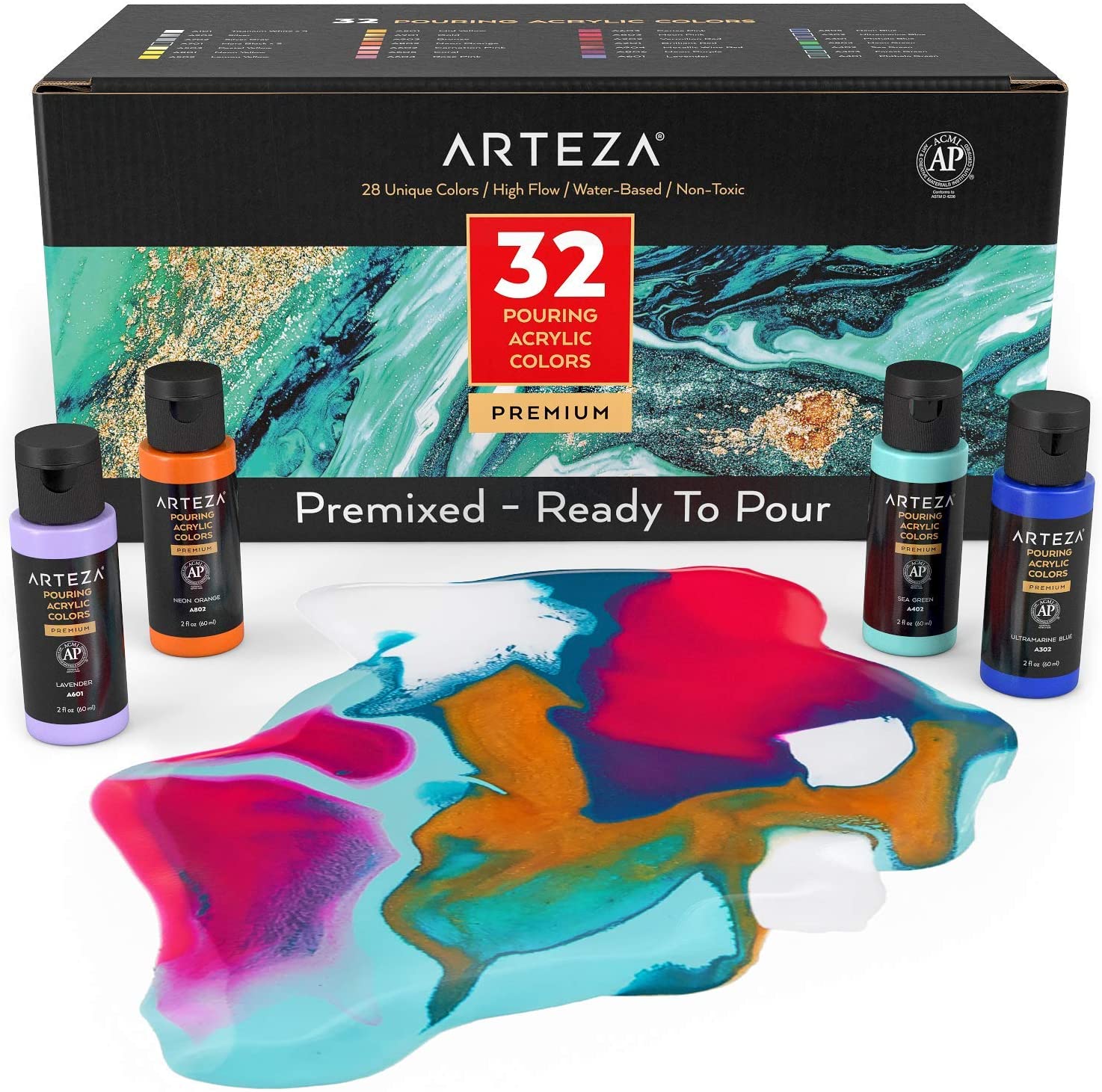 ARTEZA 2-Ounce High-Flow Acrylic Pour Paint, Set Of 32