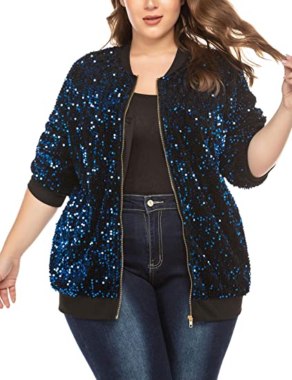 IN’VOLAND Double Layer Zip Up Plus Size Sequin Jacket