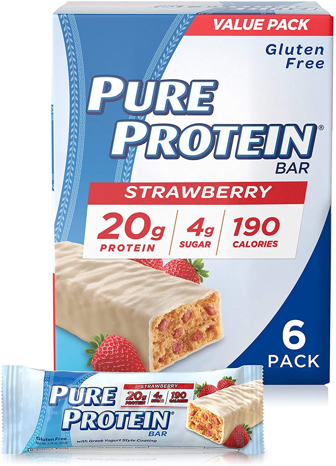 Pure Protein Strawberry Greek Yogurt 20 Grams Protein Bars, 6-Count