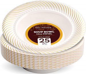Elite Selection Gold Swirl Pattern Plastic Disposable Soup Bowls, 25-Count