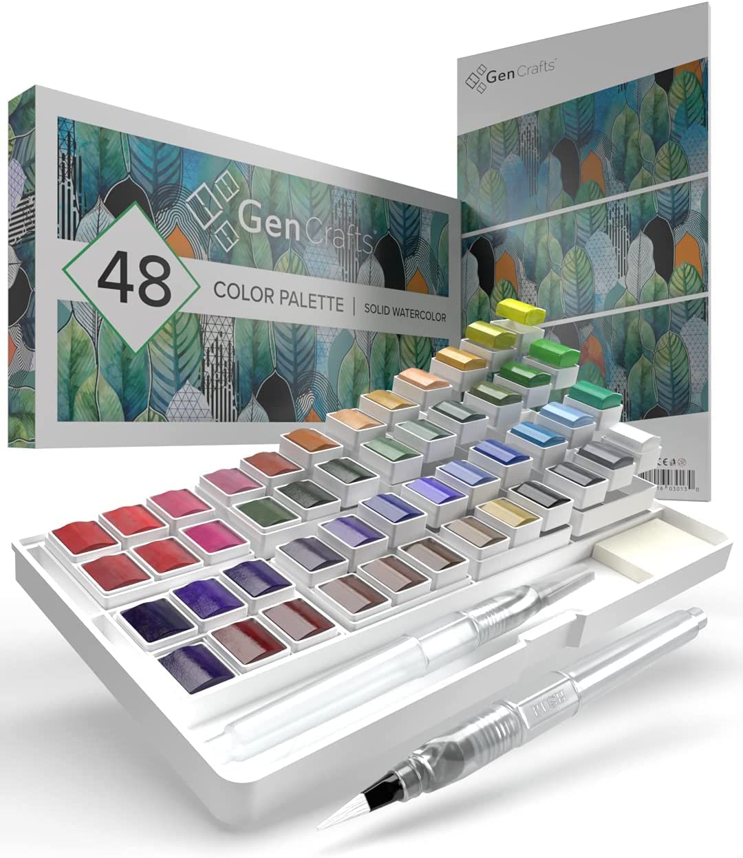 GenCrafts Water Brush Pens & 48-Color Paint Palette Watercolor Kit For Adults