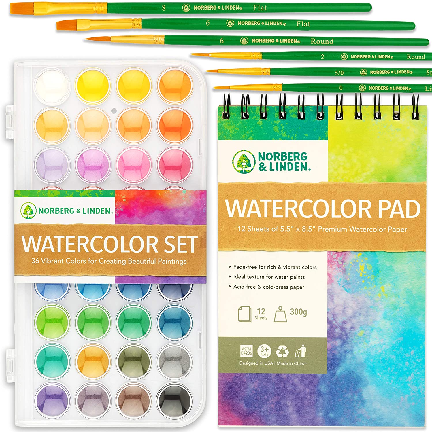 Norberg & Linden Brushes & Travel Palette 36-Color Watercolor Kit For Adults