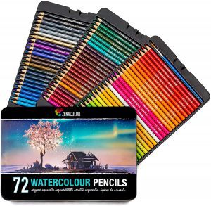 Zenacolor Brush & 72 Pre-Sharpened Watercolor Pencils Kit For Adults