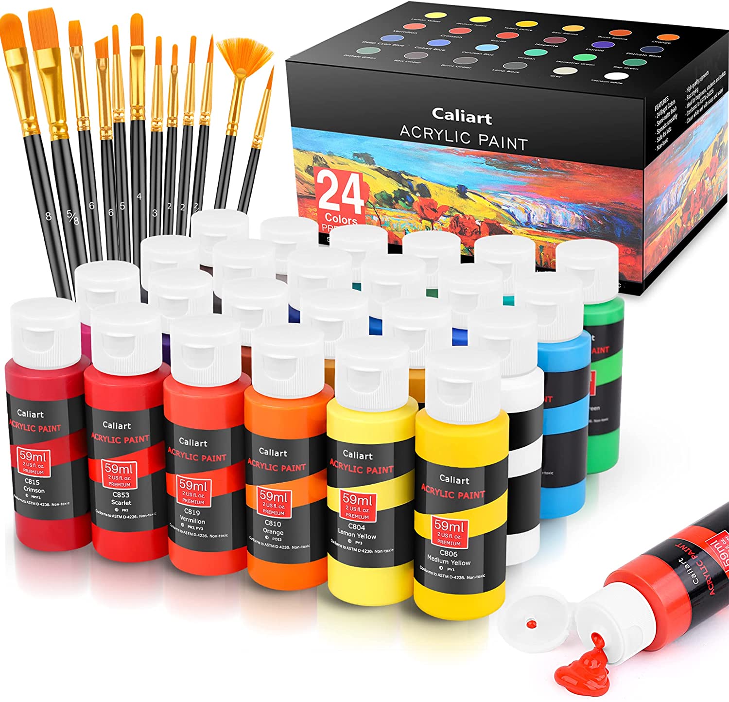 Caliart Non-Toxic Brushes & Acrylic Paint Set, 24-Colors