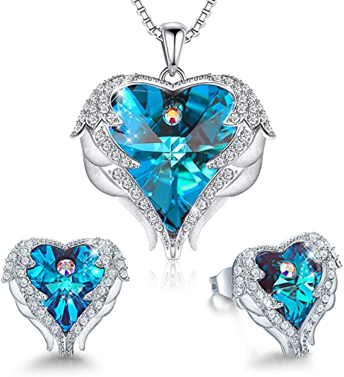 CDE Angel Wings Detail Crystal Heart Necklace & Earrings Jewelry Set
