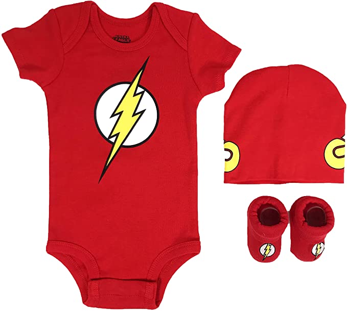 DC Comics Flash Character Onesie Bodysuit Baby Costume & Accessories, 3-Piece