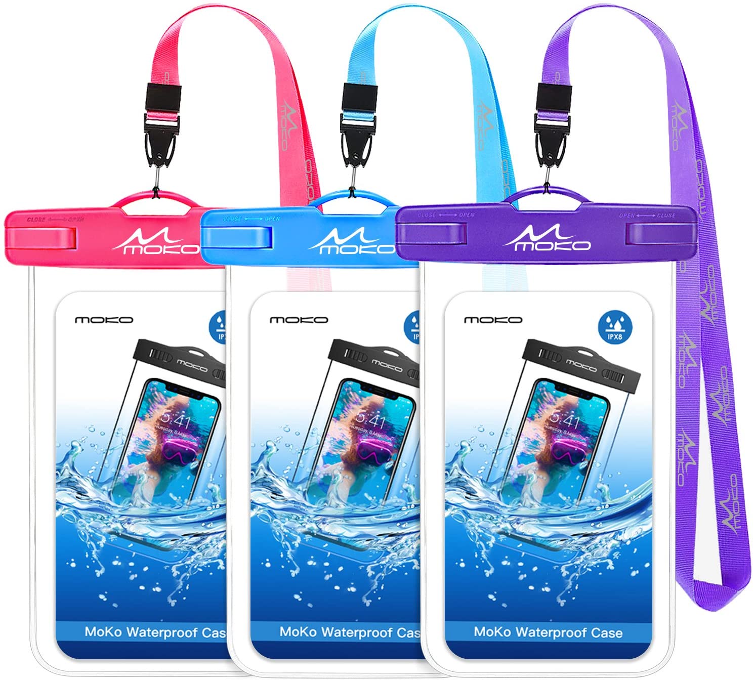MoKo Watertight Pool Phone Holders & Lanyard, 3-Pack