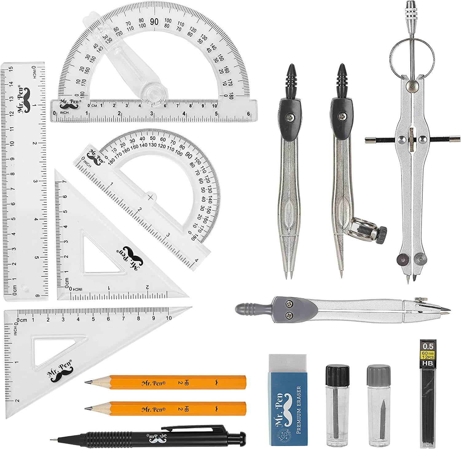 Mr. Pen Metal Compass & Swing Arm Protractor Set, 15-Piece