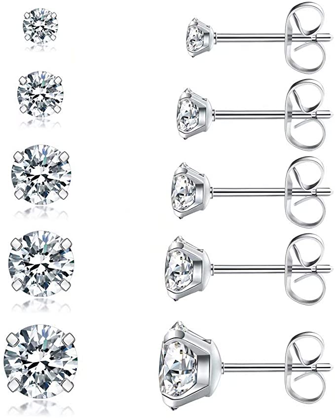 Wssxc Assorted Sizes Cubic Zirconia Stud Earrings Jewelry, 5-Pairs