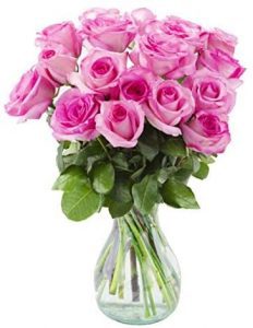 Arabella Bouquets Hand-Blown Glass Vase & Hand-Tied Rose Bouquet Fresh Cut Flowers, 18-Count