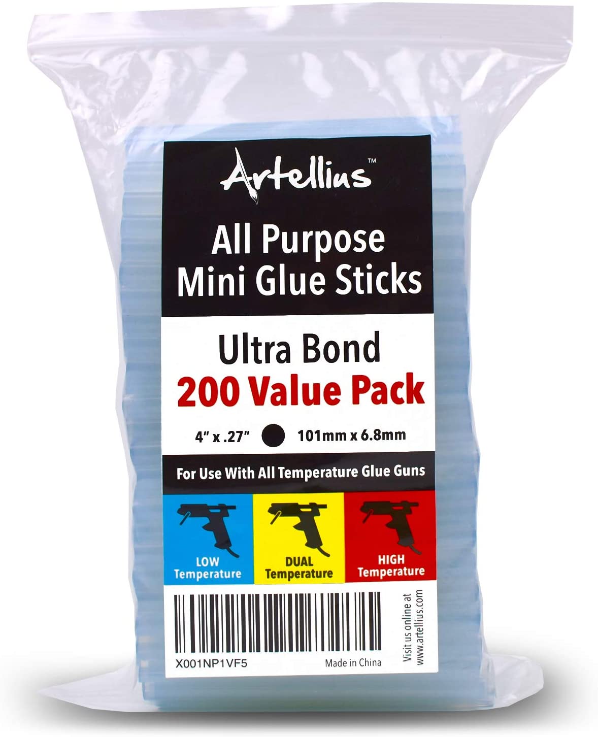 Artellius Flexible Crafting Mini Size Glue Gun Sticks, 200-Count