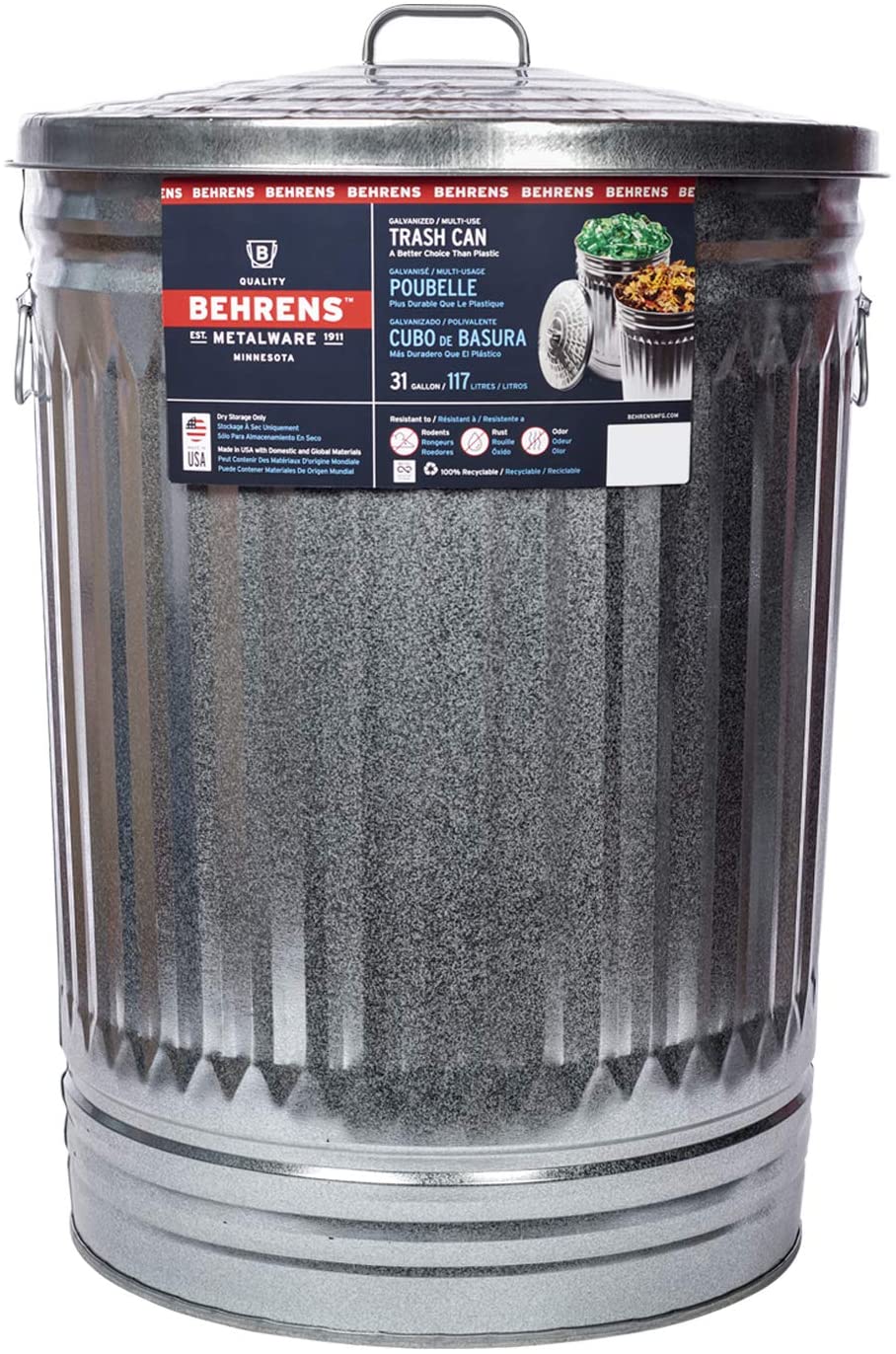 Behrens Recyclable Chemical-Free Steel Outdoor Trash Can, 31-Gallon