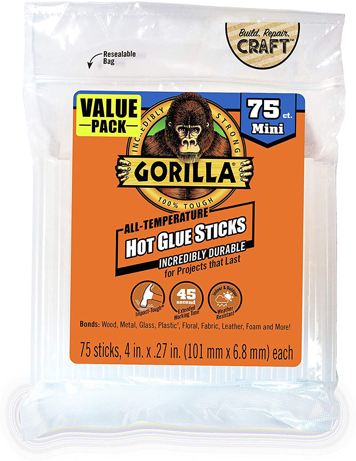 Gorilla Moisture Resistant Mini Size Glue Gun Sticks, 75-Count