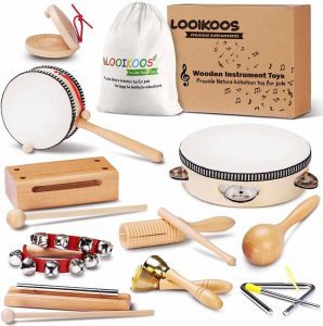 LOOIKOOS Kids Wooden Percussion Musical Instruments, 16-Piece