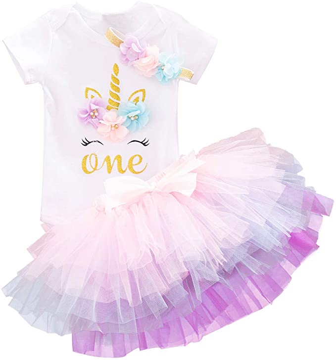 NNJXD Tulle Tutu Skirt & Short Sleeve T-Shirt Girls’ First Birthday Outfit, 3-Piece