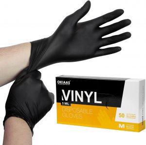 OKIAAS Odorless Food Grade Vinyl Black Disposable Gloves, 50-Count