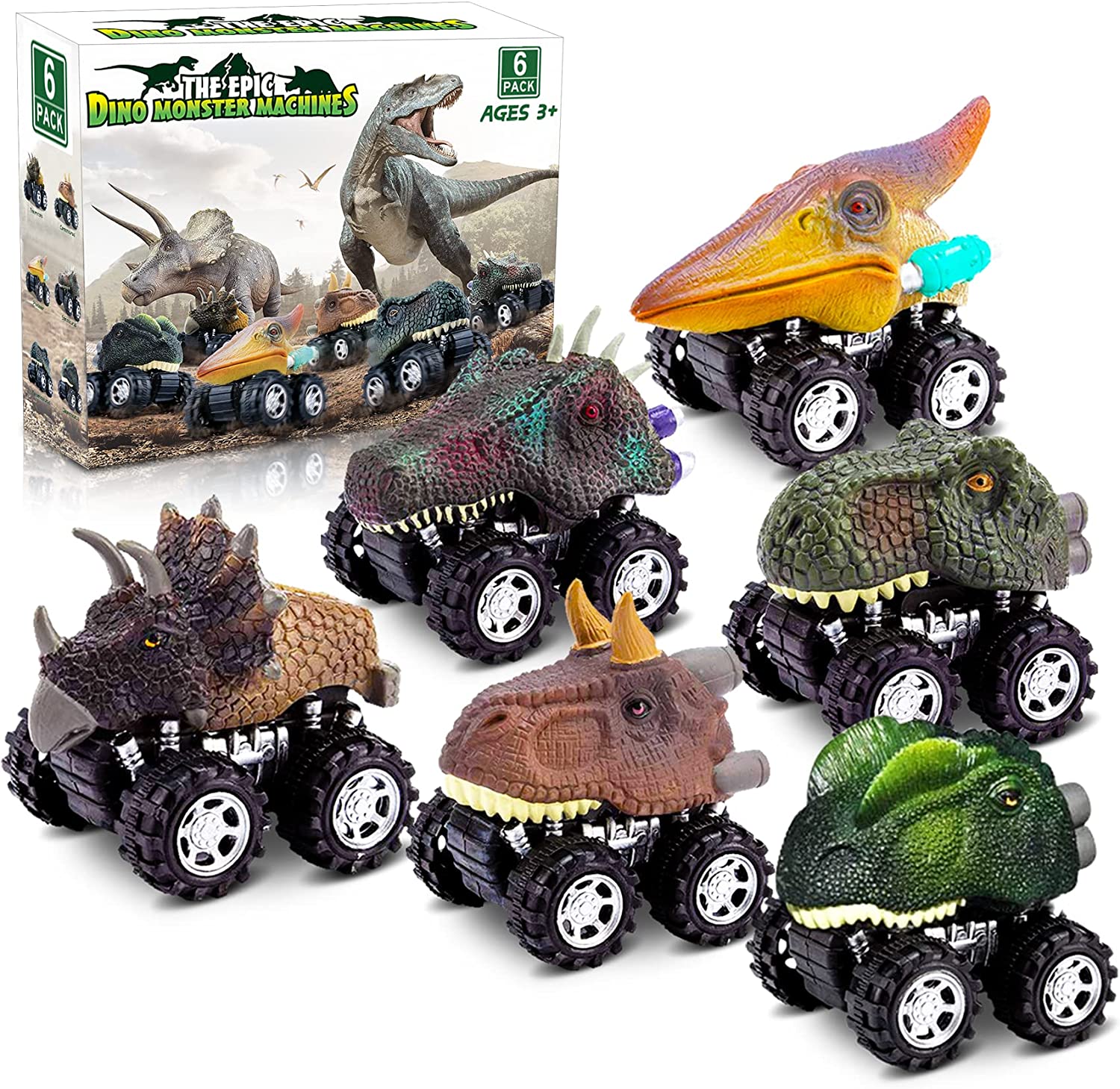 Palotix Pull-Back Mini Dinosaur Cars Little Boys’ Toys, 6-Piece
