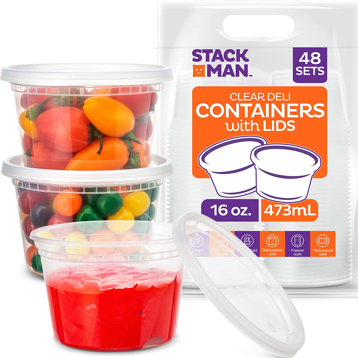 Stack Man Freezer Safe Plastic Soup Containers With Lids, 48-Piece