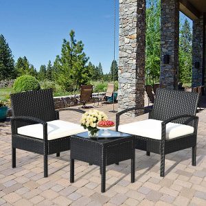 Tangkula Compact Design Wicker Armrest Chairs & Glass Top Table 3-Piece Patio Set