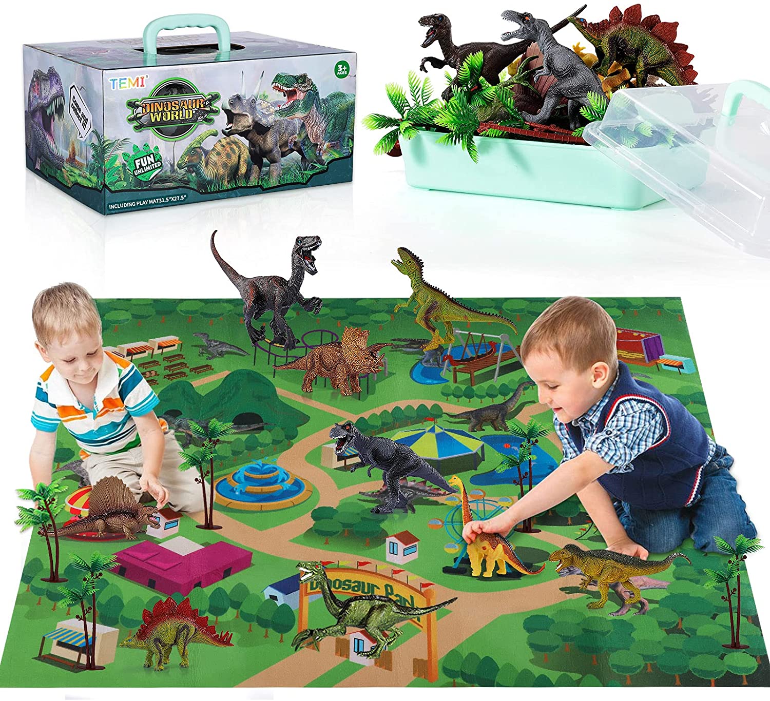 TEMI Dinosaur Park Themed Play Mat & Figures Dinosaur Gifts For Boys, 16-Piece
