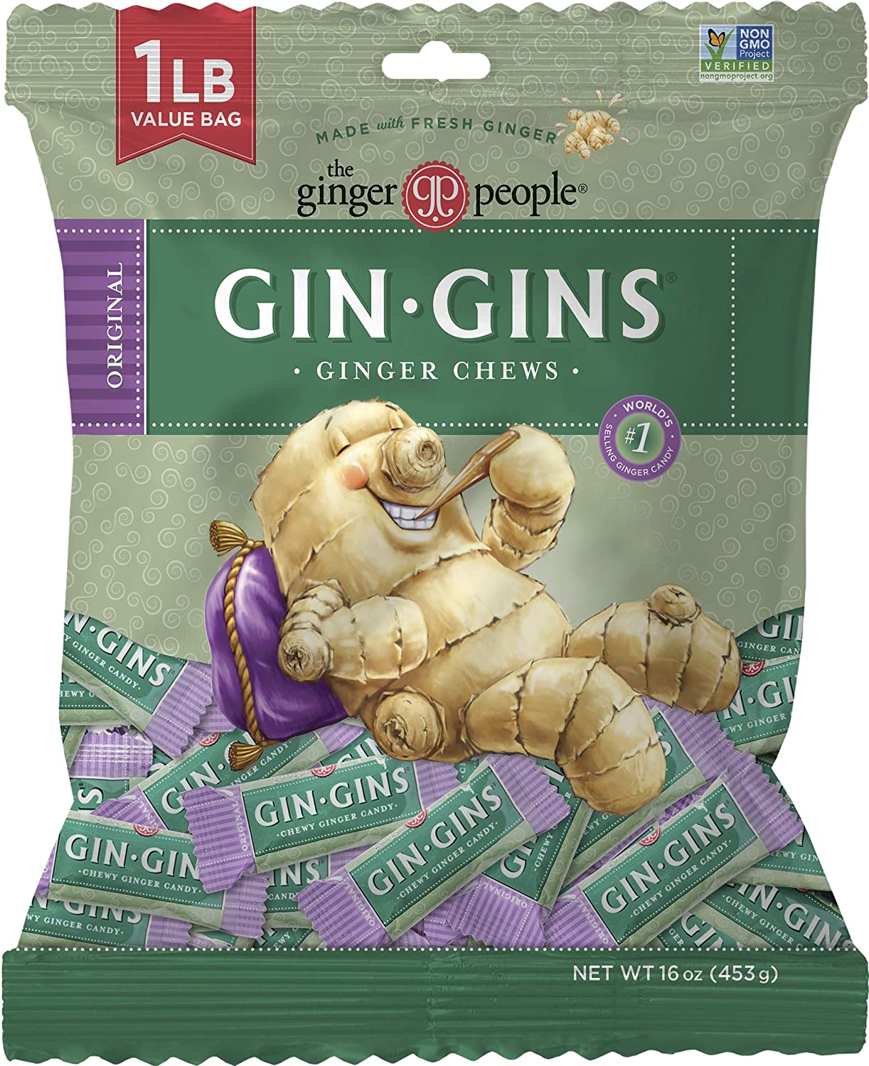 The Ginger People Gin Gins Non-GMO Vegan Ginger Candy Chews, 1-Pound