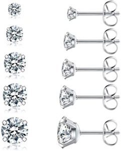 Wssxc Assorted Sizes Cubic Zirconia Stud Earrings, 5-Pairs