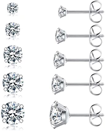 Wssxc Assorted Sizes Cubic Zirconia Stud Earrings, 5-Pairs