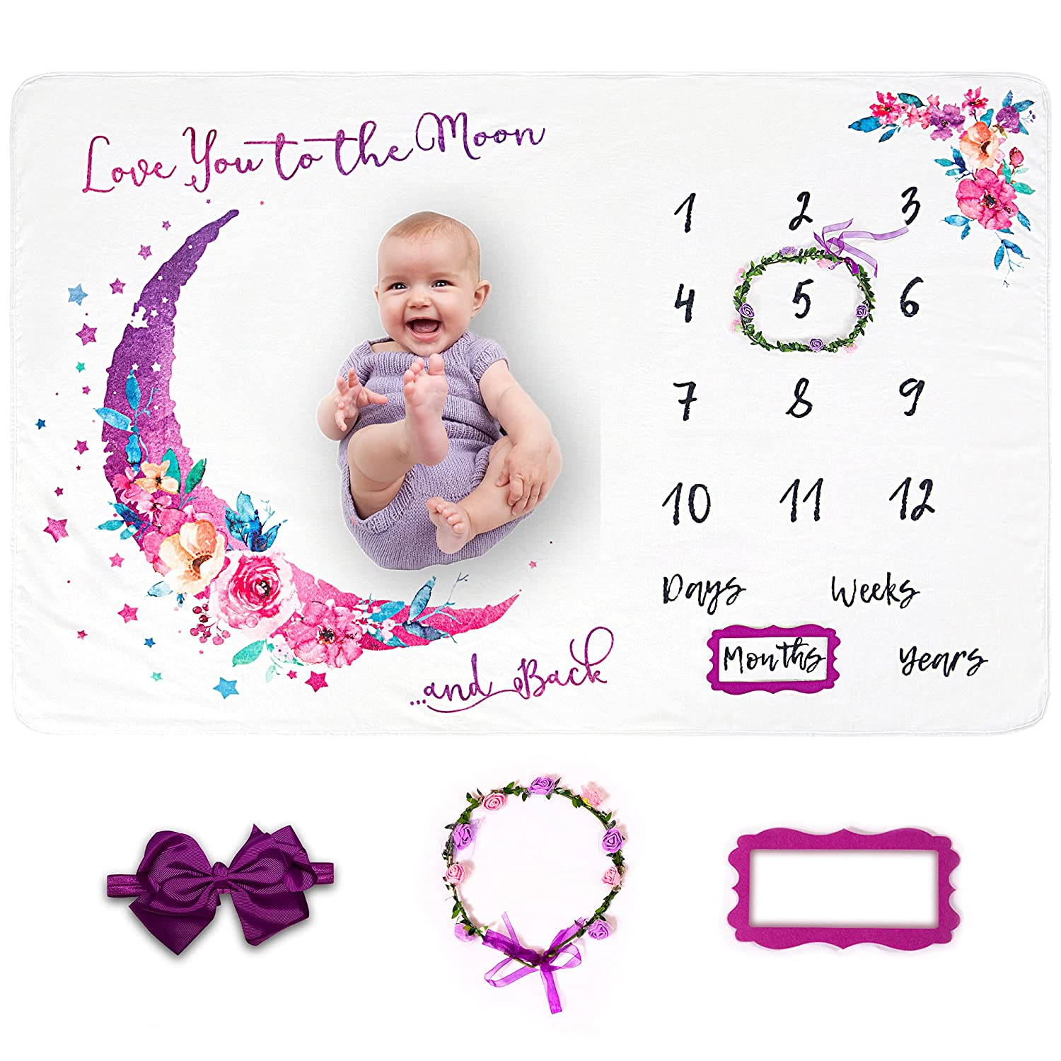 Luka&Lily Milestone Markers & Headband Month To Month Baby Blanket