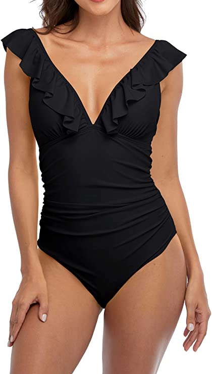SOCIALA Ruched Tummy Control Ruffle One Piece Swimsuit For Women