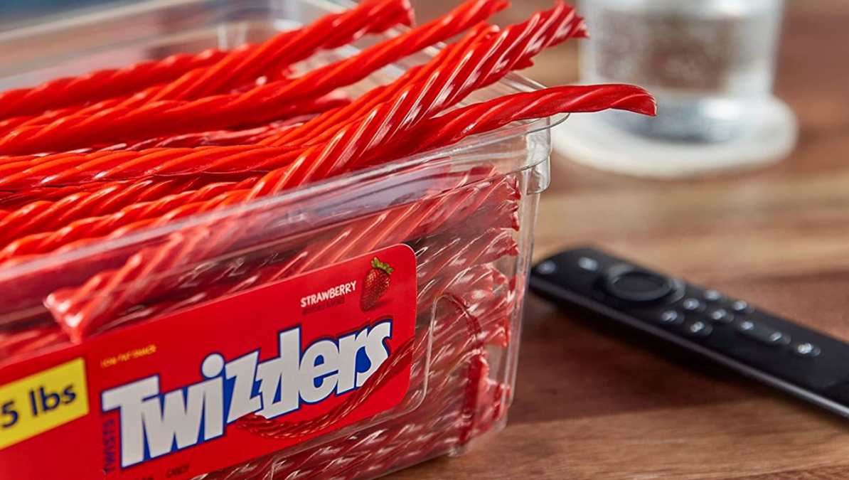 5-pound tub of Twizzlers open on table