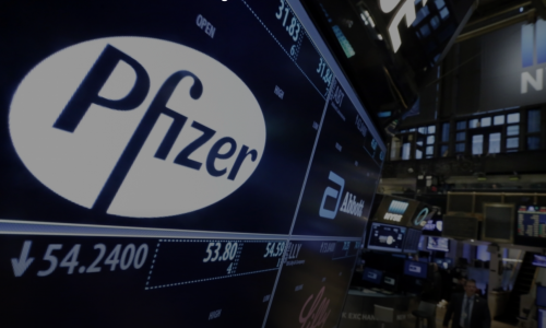 Pfizer logo on stock exchange board