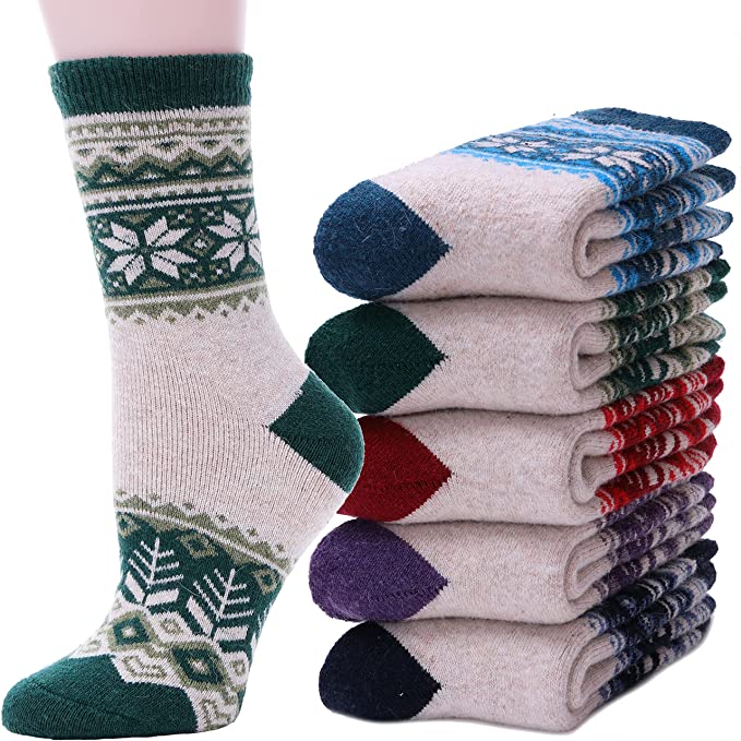 ANTSANG Merino Wool Snowflake-Patterned Warm Socks, 5-Pack