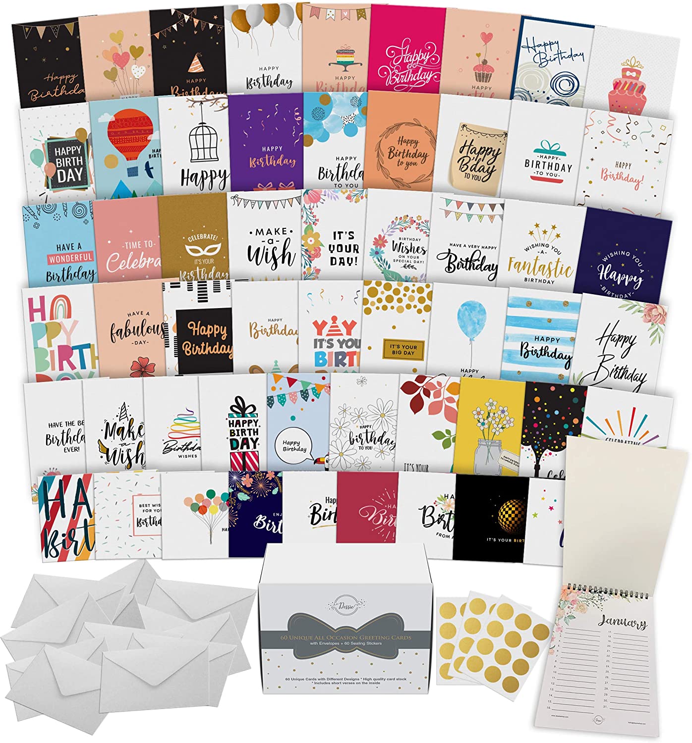 Dessie Assorted Matte Card Stock Birthday Cards, 60-Count