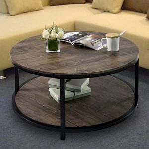 EdMaxwell 2-Tier Industrial Rustic Round Coffee Table, 35.8-Inch