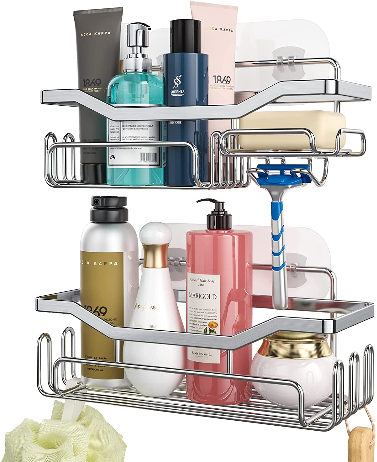HapiRm Adhesive Shower Caddy Shower Organizer Shelf Build in Shampoo Holder,  No Drilling Rust Proof Stainless Steel Shower Storage Rack with 11 Hooks  for Hanging Shower Ball and Razor