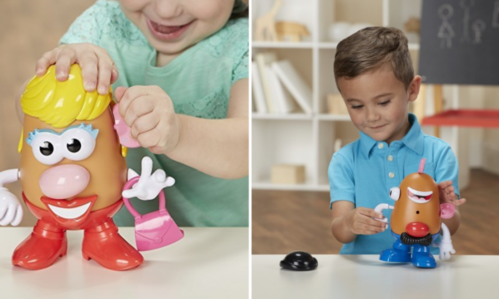 Mrs. Potato Head and Mr. Potato Head toys are being played with by kids.