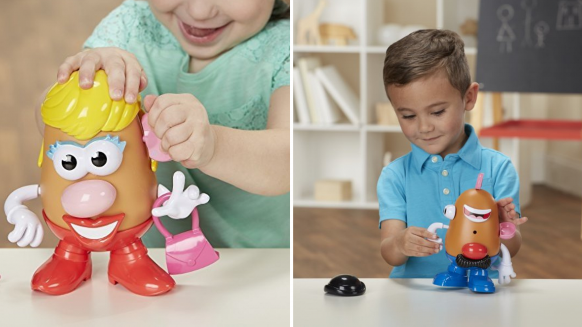 Mrs. Potato Head and Mr. Potato Head toys are being played with by kids.