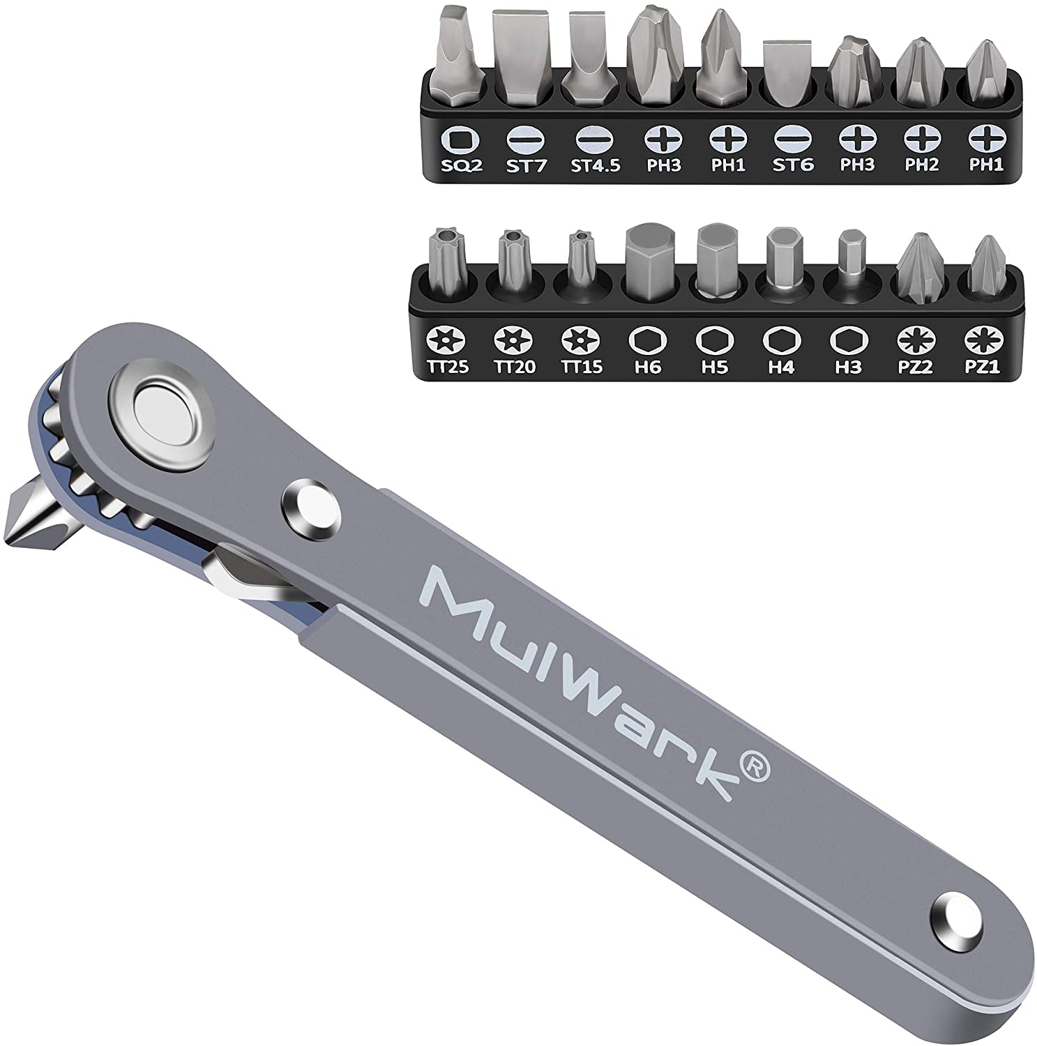 MulWark Compact Multi-Tip Ratcheting Screwdriver Set, 20-Piece