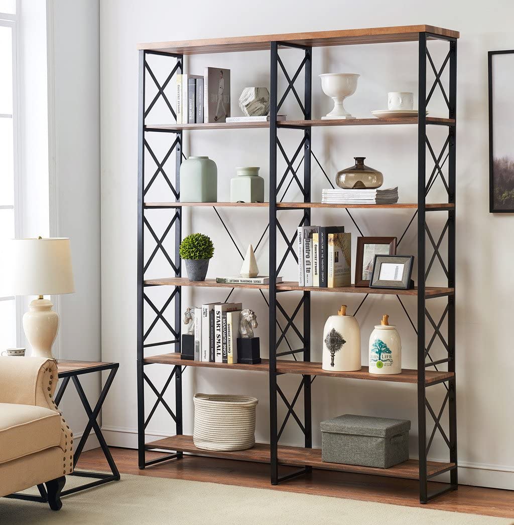 Wood & Metal Open Bookcase Standing Storage Book Shelves for Living Room Office 