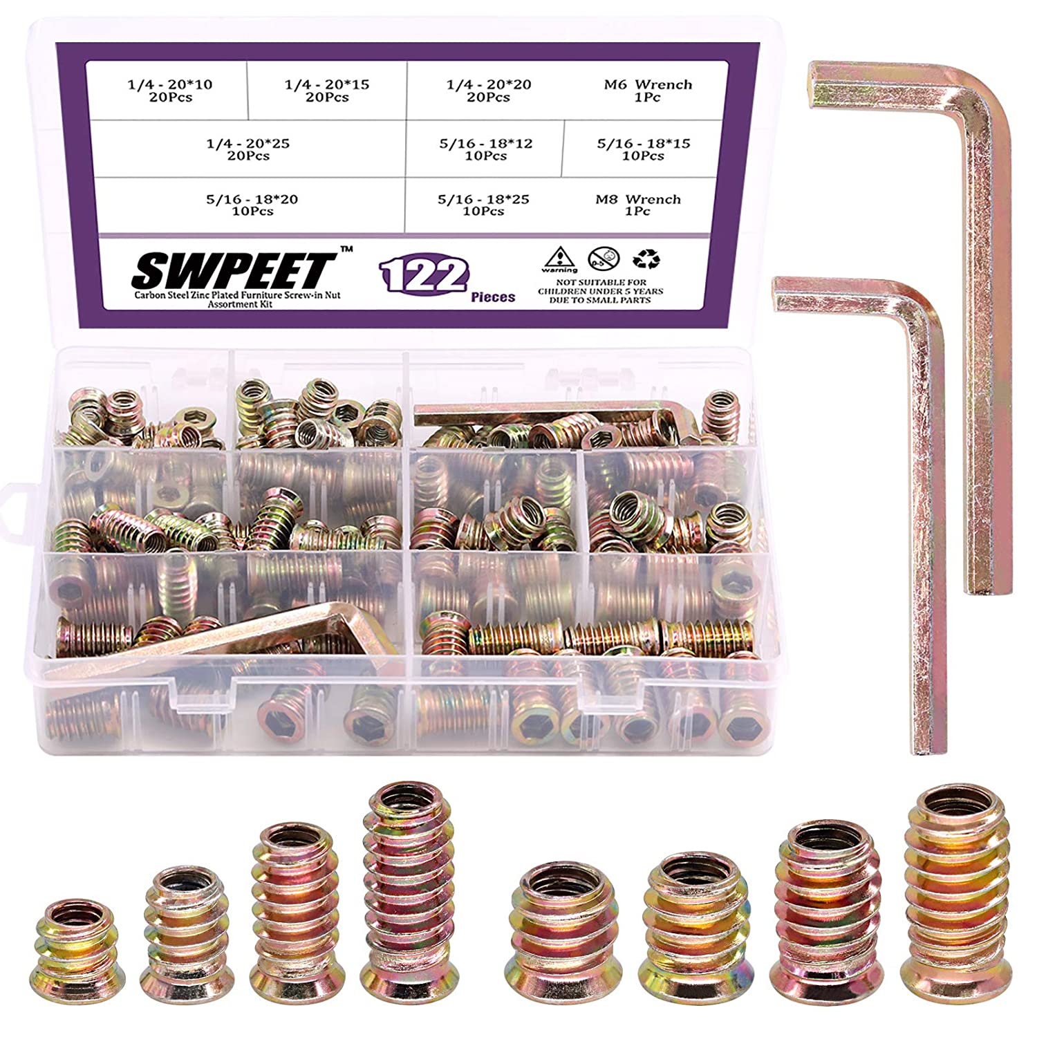 Swpeet Carbon Steel Assorted Sizes Threaded Inserts, 122-Count