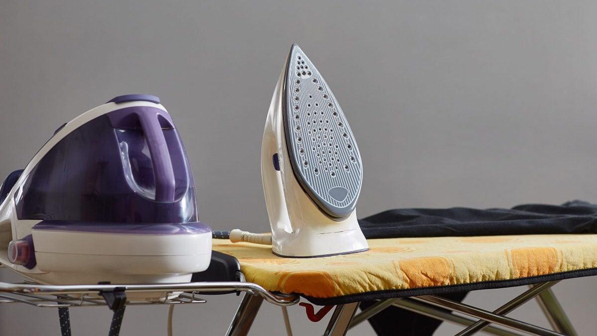 A garment steamer and iron are shown together.