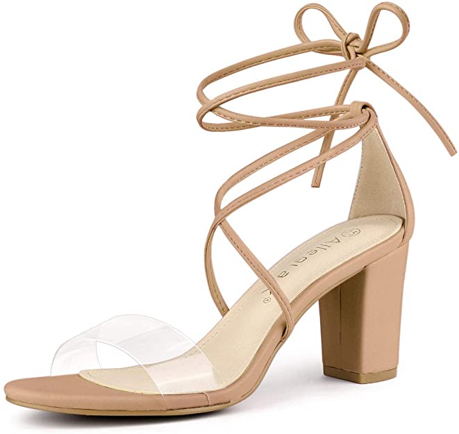 Allegra K Clear Toe Strap Nude Lace-Up Heels