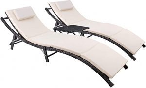 Devoko Folding Table & Curved Cushioned Rattan Outdoor Chaise, 3-Piece