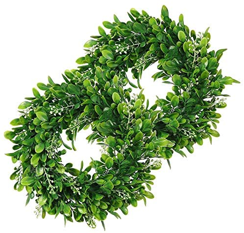 LSKYTOP Faux Boxwood Leaves Wreaths, 2-Pack