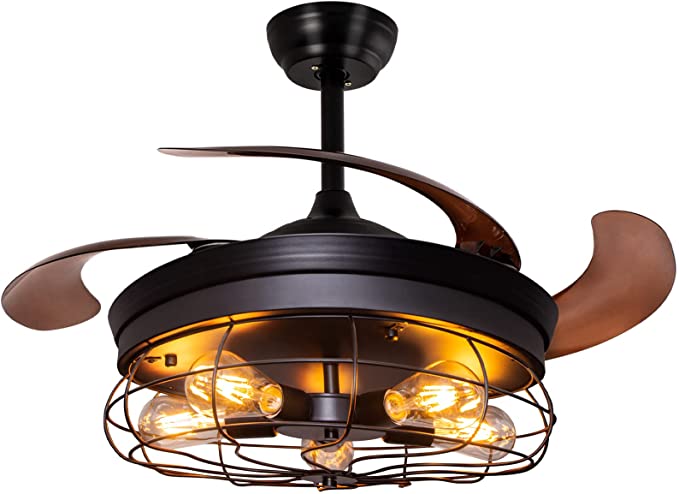 Ohniyou Industrial-Look Exposed Bulbs Flush Mount Ceiling Fan, 42-Inch
