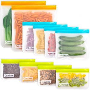 Qinline Multipurpose Zippered Silicone Food Storage Bags, 10-Pack